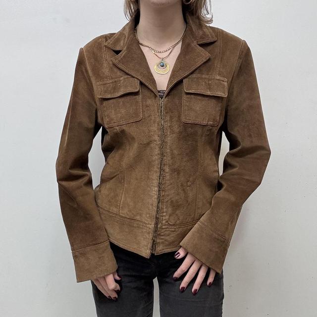 Brown suede blazer jacket corset hook and eye front