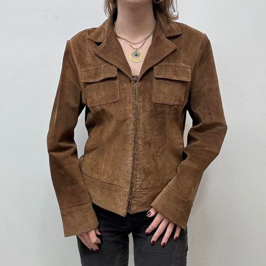 Brown suede blazer jacket corset hook and eye front