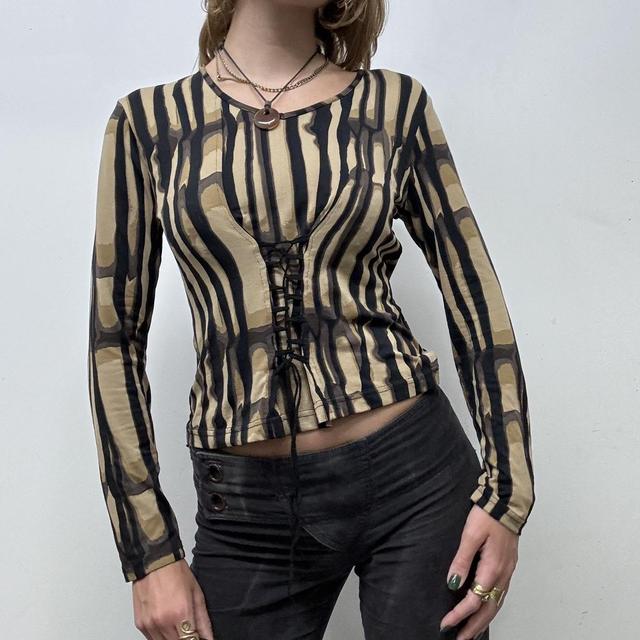 Printed graphic long sleeve corset top