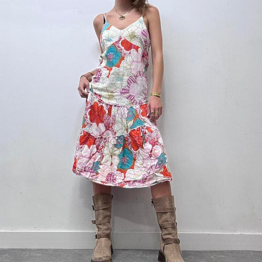 Floral printed flared cotton dress