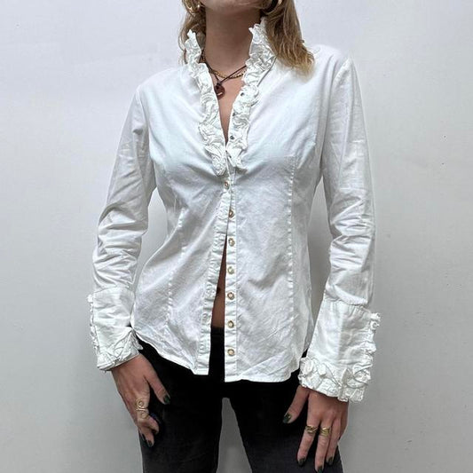 White cotton ruffle coquette shirt