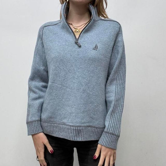 Blue wool ribbed 1/4 knit zip