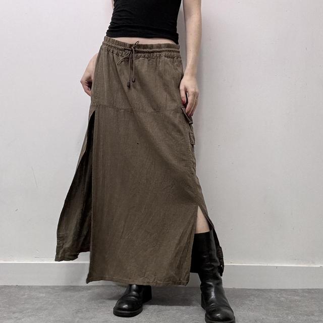Khaki linen cargo maxi skirt
