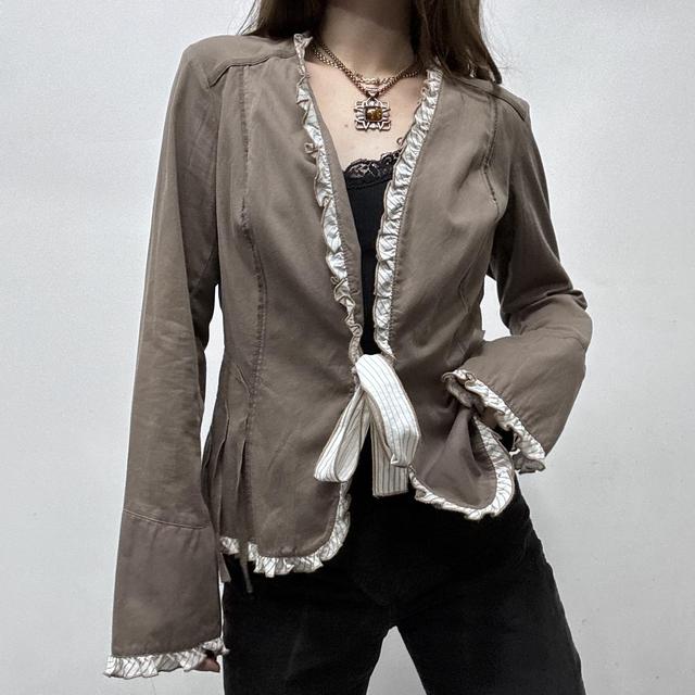 Brown pinstripe bow shirt
