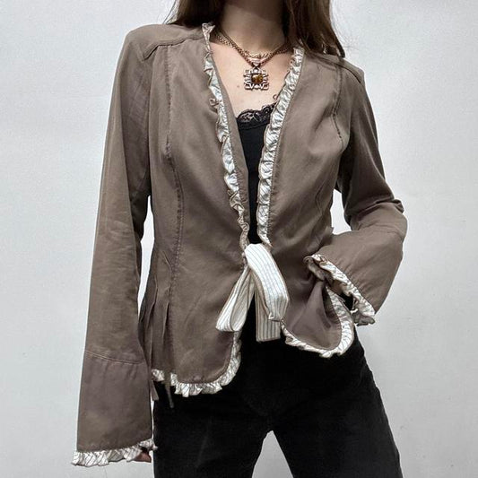 Brown pinstripe bow shirt