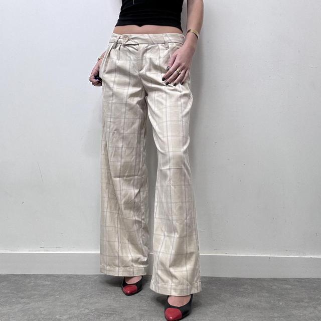 Beige flared wide leg checked suit trousers