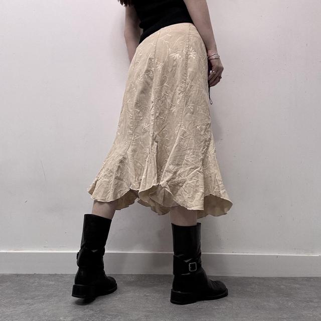 Tan flared embroidered midi skirt