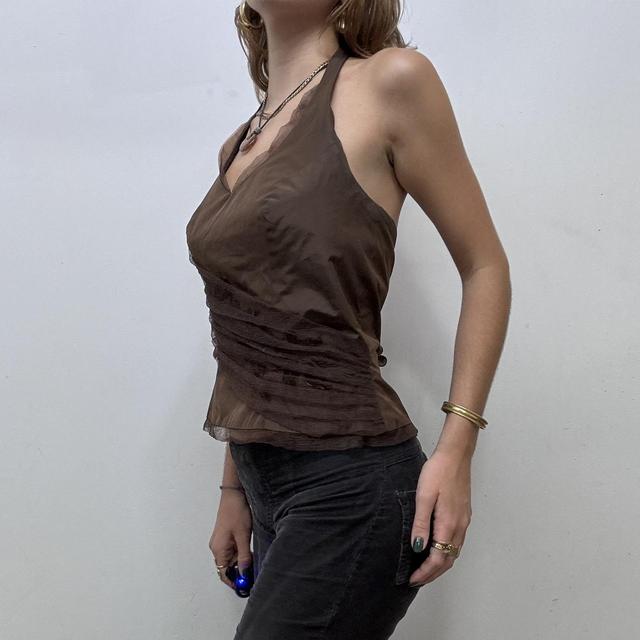 Brown fitted mesh halter vest
