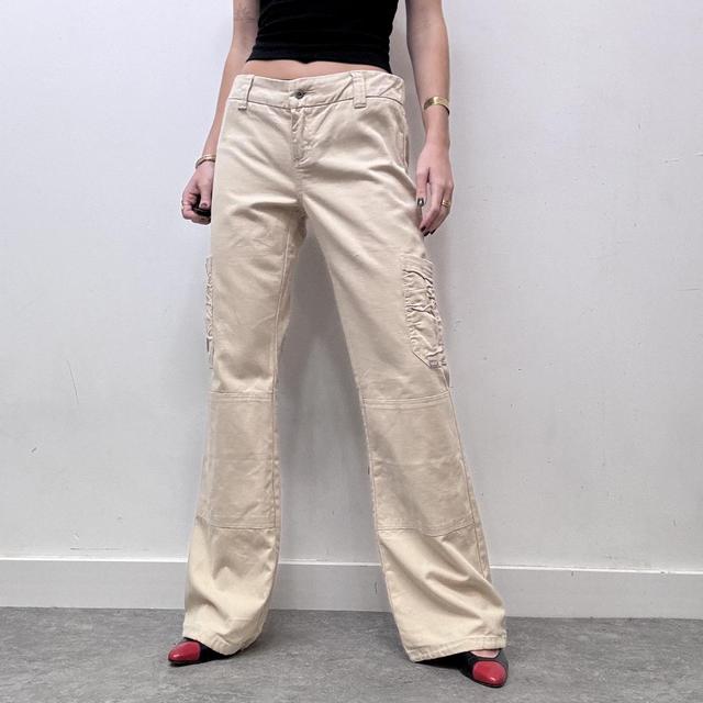 Beige flared ruched pocket jeans