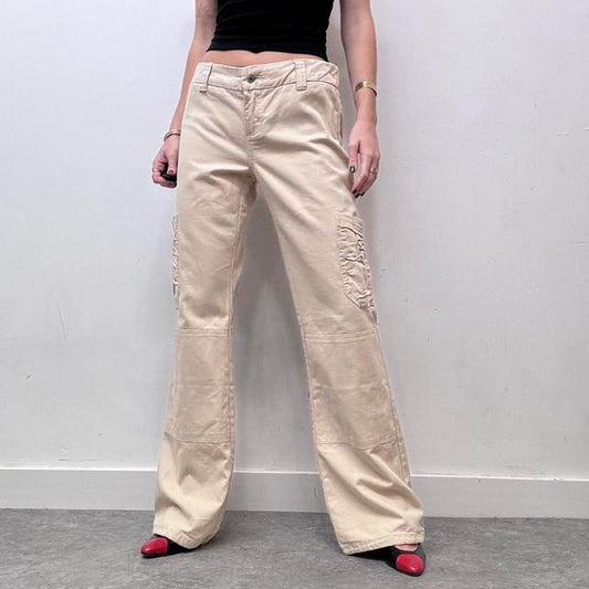 Beige flared ruched pocket jeans