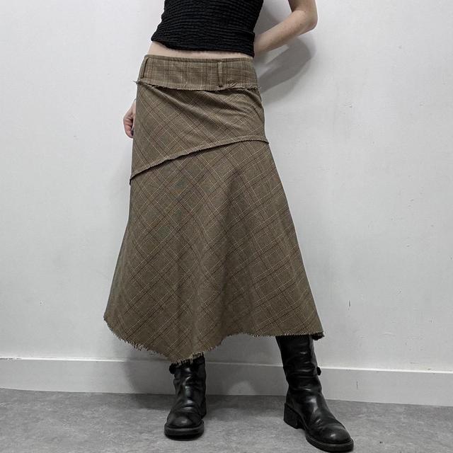 Khaki checked tartan patchwork midi skirt