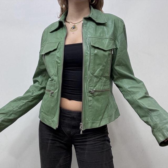 Green leather cargo jacket
