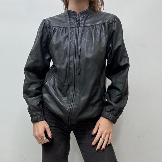 Black ruched leather jacket