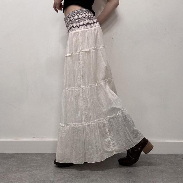 White cotton tiered embroidered maxi skirt