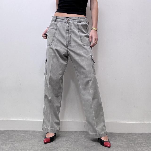 Wide leg flared khaki distressed utility trousers