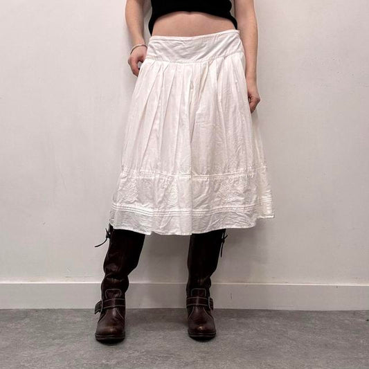 White cotton tiered embroidered maxi skirt