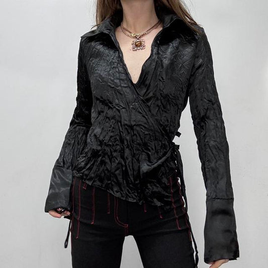 Black satin crinkle wrap shirt