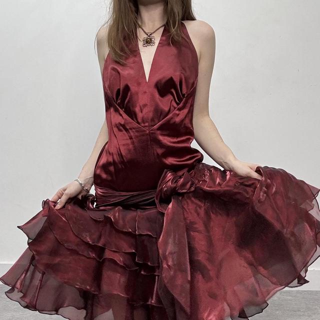 Silky ruffle burgundy satin puffy dress