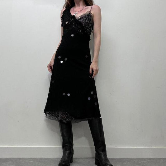 Black lace beaded bias cut dress