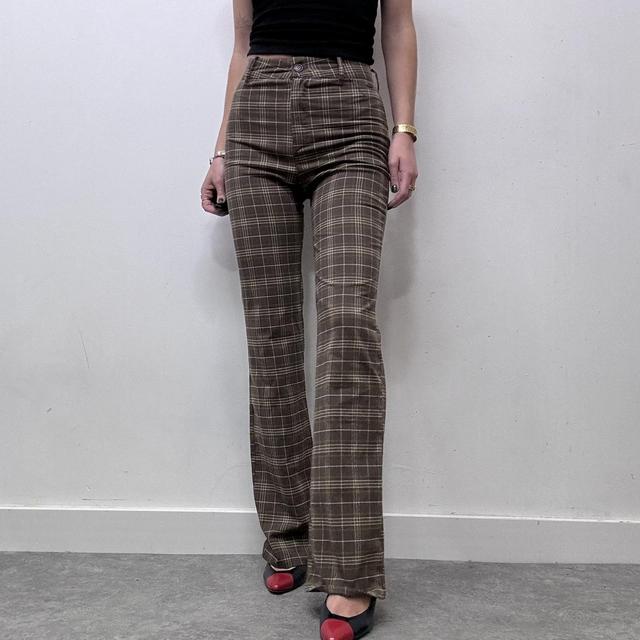 Brown tartan checked flared leg trousers