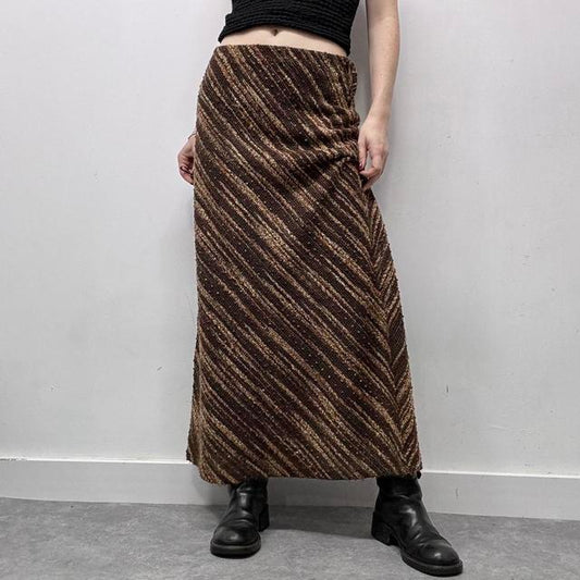 Brown pinstripe patterned wool maxi skirt