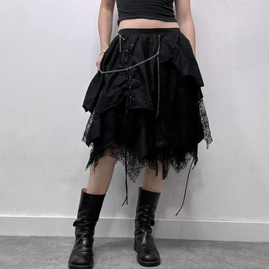 Black lace puff asymmetric grunge midi skirt