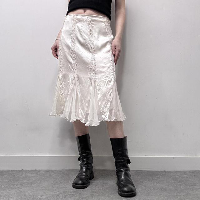 White flared flutter beaded midi skirt