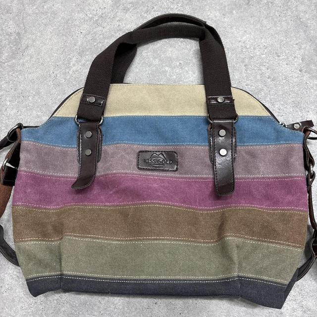 Striped canvas leather shoulder bag
