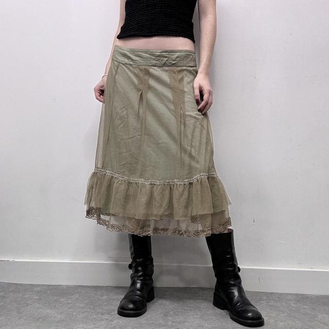 Green layered sheer mesh ruffle midi skirt