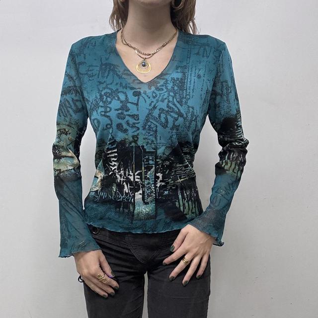 Graphic mesh printed grunge top