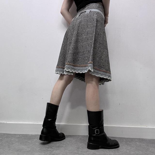Grey tweed preppy flared lace midi skirt