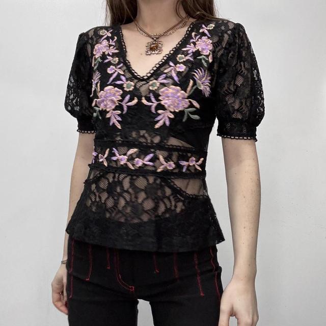 Sheer black lace embroidered top