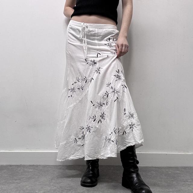 White flared embroidered maxi skirt