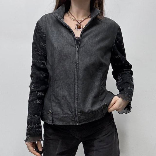 Dark denim sheer graphic sleeve jacket