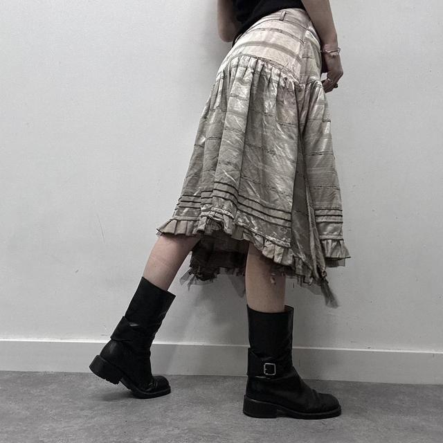 Pinstripe ruffle satin midi skirt
