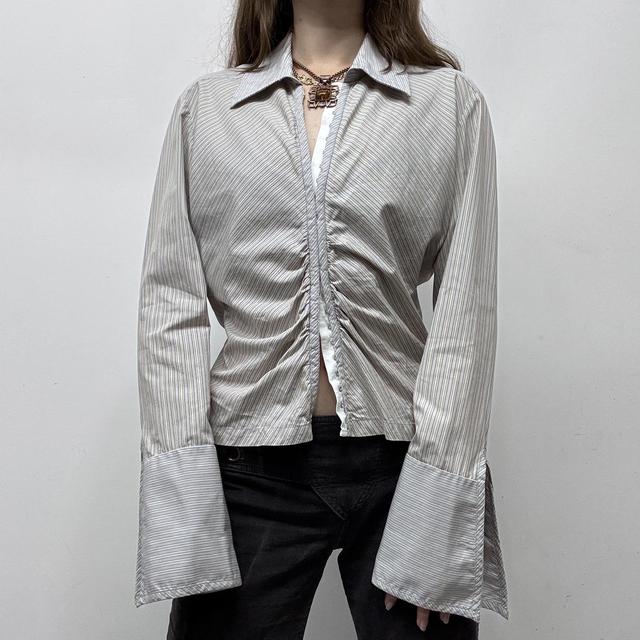 Corset gathered pinstripe flared office shirt