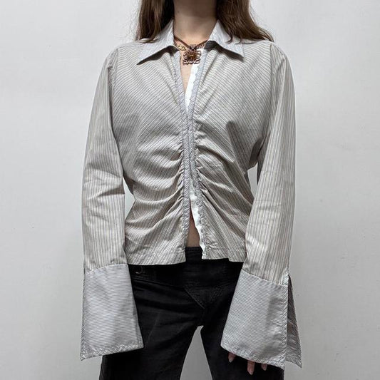 Corset gathered pinstripe flared office shirt