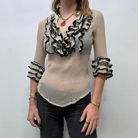 Lace silk ruffle blouse