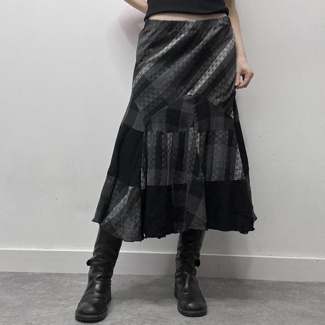 Black striped tartan flare maxi skirt