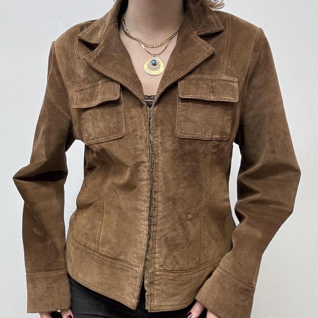 Brown suede blazer jacket corset hook and eye front