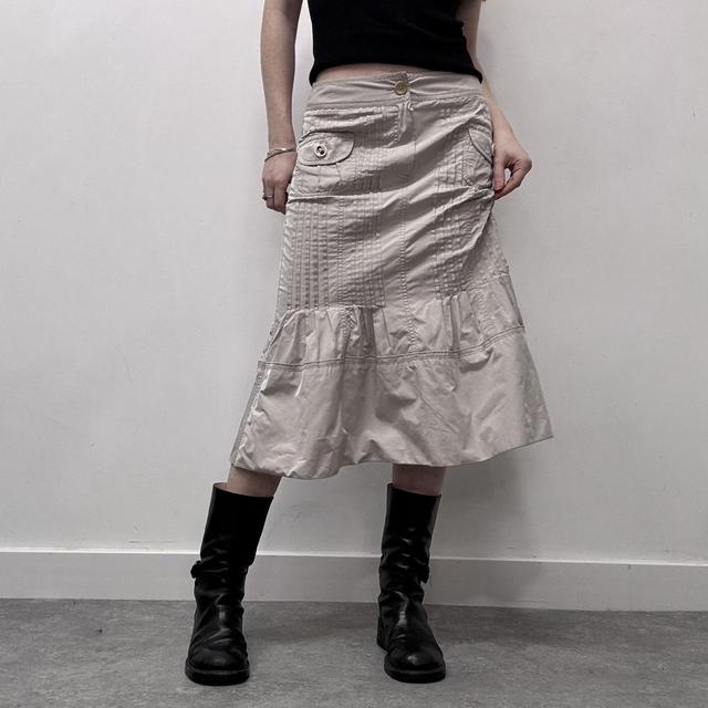 Tan pleated flared midi skirt