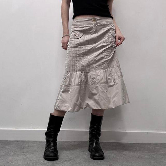 Tan pleated flared midi skirt