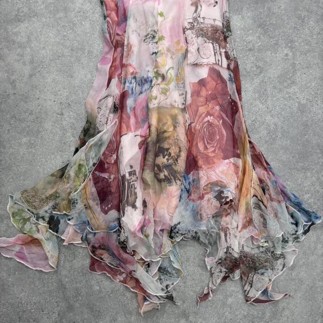 Sheer pink flutter graphic handkerchief dress