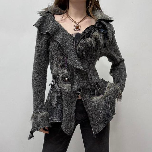 Patchwork knitted asymmetric cardigan