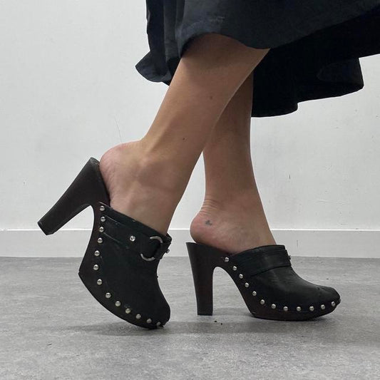 Black studded buckle mule heels