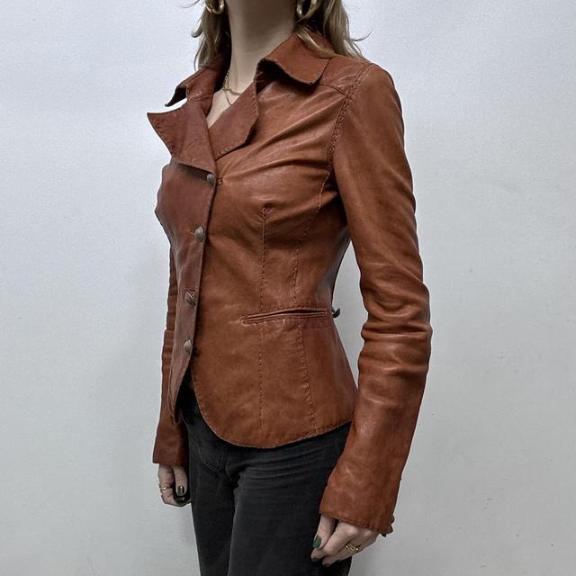 Brown leather asymmetric military  jacket