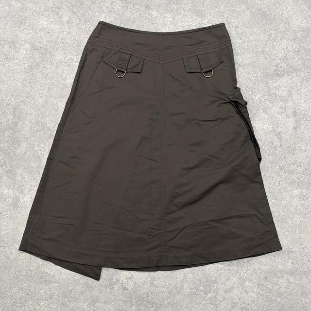 Brown pinstripe flared cargo midi skirt