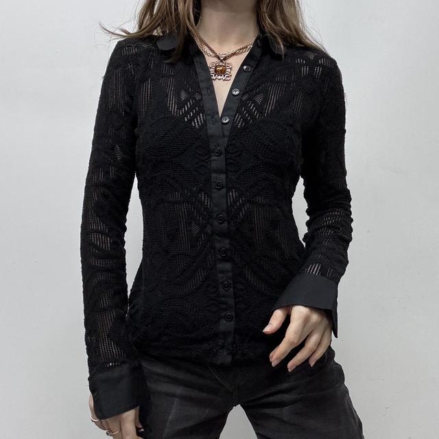Sheer lace mesh flared black shirt
