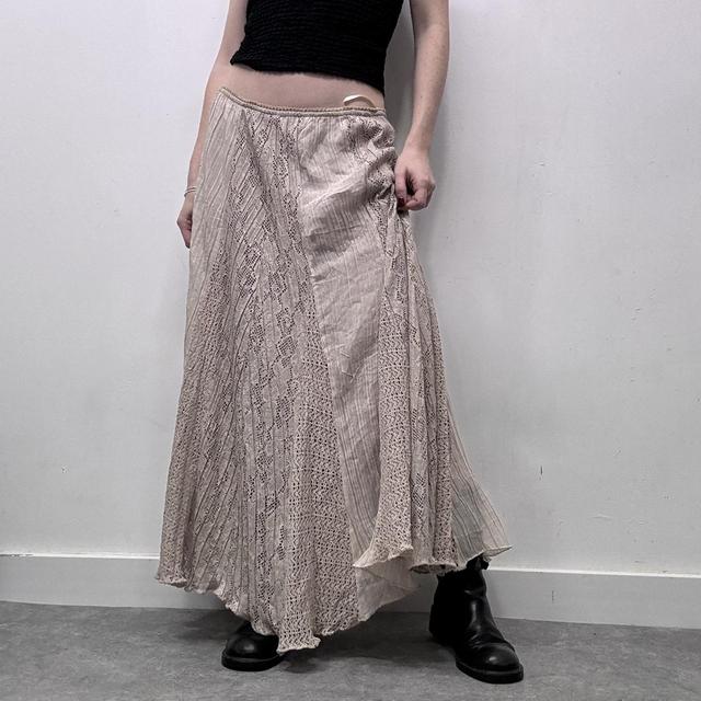 Beige lace flared pinstripe maxi skirt