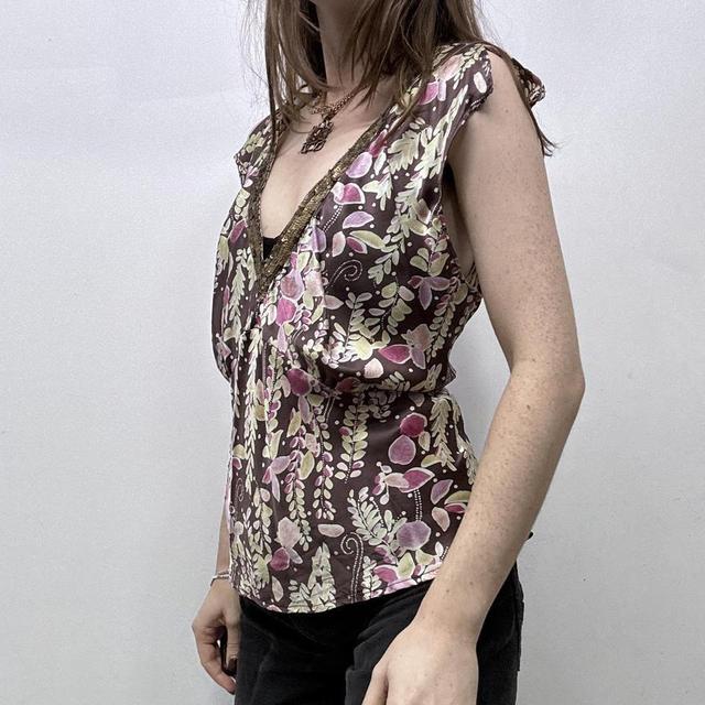 Brown floral printed silk fairy top